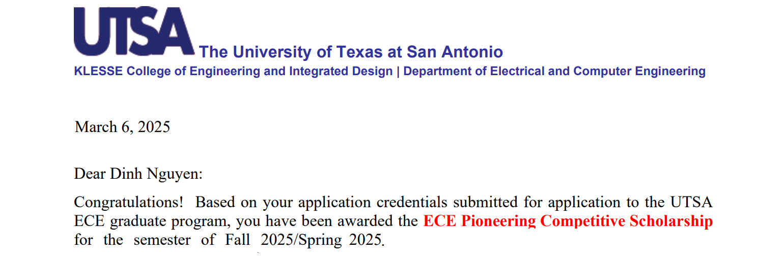 UTSA ECE Pioneering Competitive Scholarship